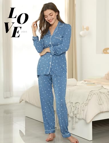 Leikar Button Up Pajamas For Women Long Sleeve Viscose Soft Pjs Lounge - color: Blue White Stare, size: Small