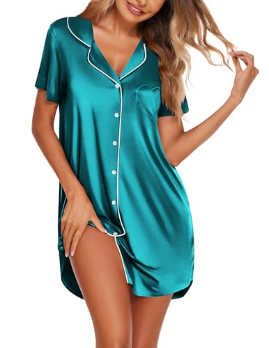 Ekouaer Silk Nightgowns for Women Satin Sleep Shirts Button Down Nightshirt - color: Blue Green, size: Medium