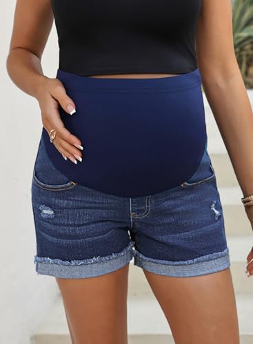 BLENCOT Maternity Jean Shorts Over Belly Stretchy Fold Hem Denim Pants - color: Dark Blue, size: Medium