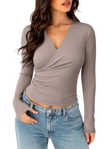 PINKMSTYLE Womens Long Sleeve Wrap V Neck Tops Ruched Dressy Shirts Blouse - color: Khaki, size: Medium
