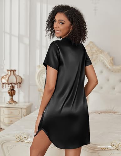 Ekouaer Women's Satin Nightshirt Button Down Sleepshirt Silk Nightgown - color: Black, size: Large