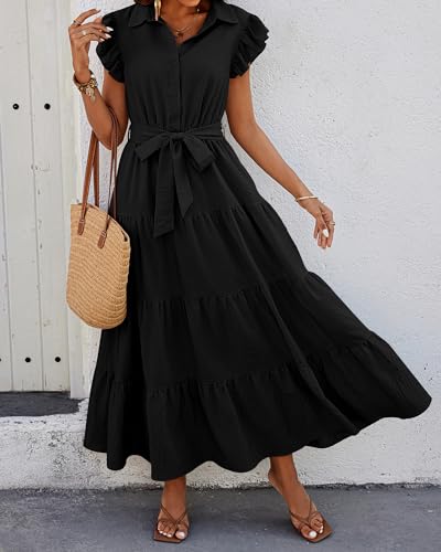 dowerme Women Ruffle Sleeve Button Belted Boho Maxi Dress - color: Black, size: Large