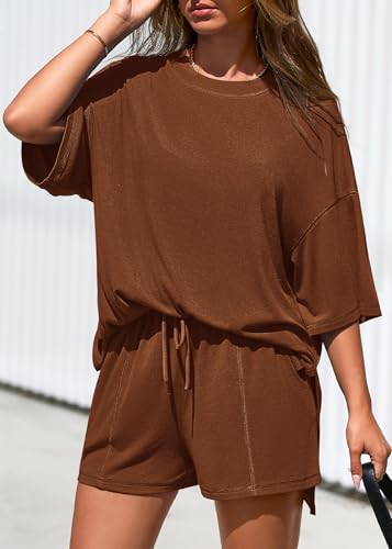 KIRUNDO 2 Piece Sets for Women Summer Lounge Sets Casual - color: Brown, size: Large