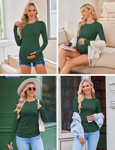Ekouaer Womens 3 Pack Long Sleeve Maternity Shirts Thumb Hole Tops - color: 3pcs Black / Dark Green / Haze Blue, size: Medium