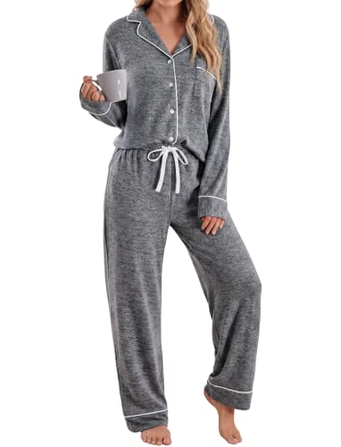 PATPAT Pajama Sets for Women 2 Piece Button-Down Sleepwear Soft Lounge Set - color: Dark Grey, size: Medium
