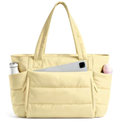 Uselike Tote Bag for Women with Zipper, Quilted Puffer Tote Bag with Compartments, Lightweight Puffy Work Bags for Women - color: Clear Yellow