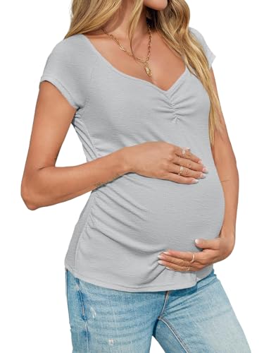 Tankaneo Womens Vneck Maternity Tops Cap Sleeve Fit Ribbed Pregnancy Tshirt - color: Grey, size: Large