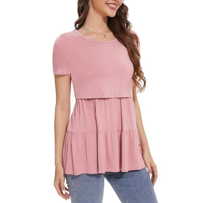 Bearsland Short Sleeve Nursing Top - color: Iron Gray‌ & Pastel Pink & Light Blue, size: Small