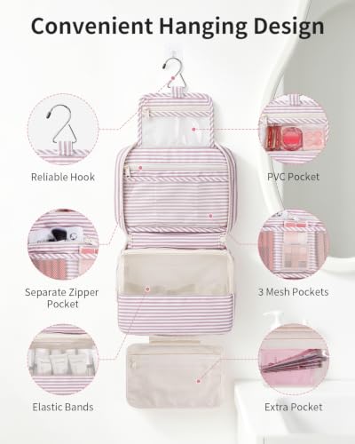 Narwey Hanging Travel Toiletry Bag for Women, Large Makeup Cosmetic Bag - color: B-Dusty Pink Stripe