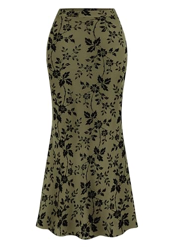 BTFBM Womens Floral Mesh Maxi Skirts - color: Army Green, size: Large