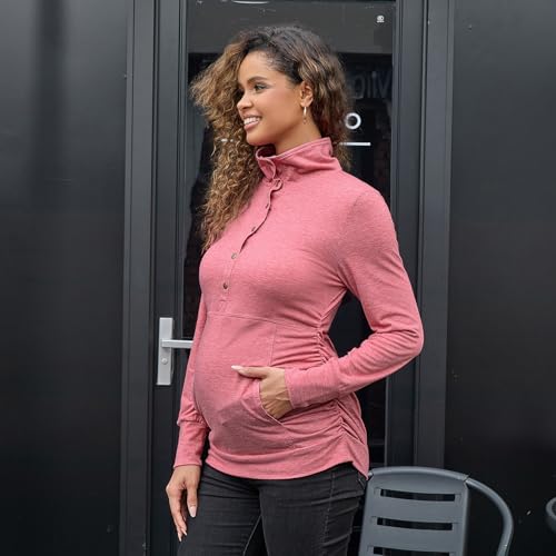 Bhome Maternity Shirt Casual Long Sleeve Half Button Front Lightweight Sweatshirts Slim Fit Pullover Tops with Pockets - color: Rose Red, size: Large