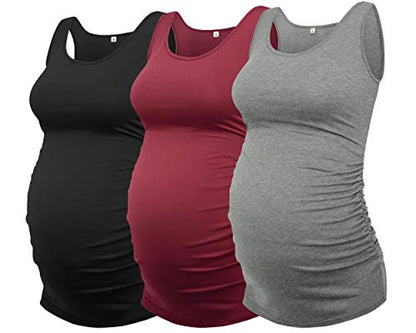 AMPOSH Womens Maternity Tank Tops 3 Pack Cotton Sleeveless Ruched Side Pregnancy Postpartum Shirts Soft Stretch Basic Top - color: 36 Black/Dark Gray/Burgundy, size: Medium