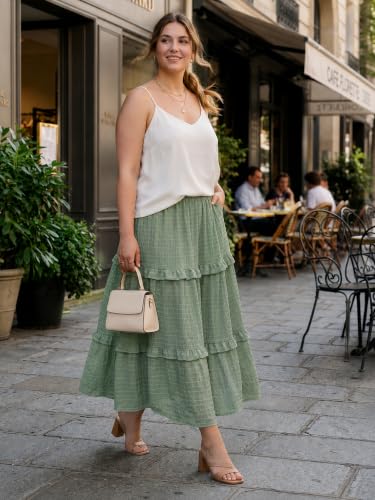 Womens Boho Maxi Skirt Long Flowy Skirt High Waisted Tiered Ruffle Skirt - color: Green, size: Medium