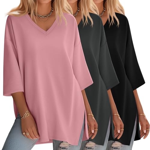 Huukeay 3 Pack Womens 3/4 Sleeve Oversized Tops - color: Black, Dark Gray, Rose Pink, size: Medium
