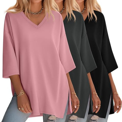 Huukeay 3 Pack Womens 3/4 Sleeve Oversized Tops - color: Black, Dark Gray, Rose Pink, size: Medium