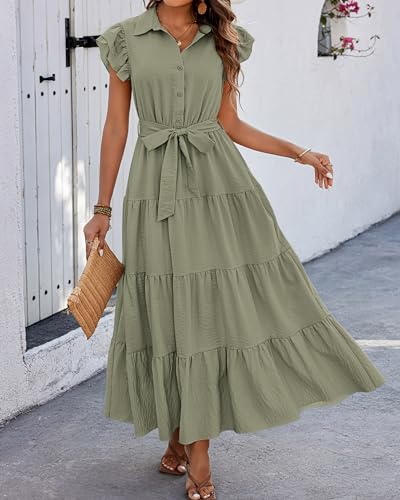 dowerme Women Ruffle Sleeve Button Belted Boho Maxi Dress - color: Grey Green, size: Large
