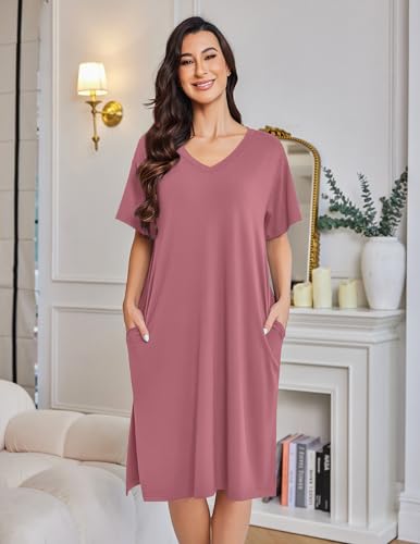 Ekouaer Womens Plus Size Nightgown Bamboo Viscose Short Sleeve Sleepshirt - color: Pink, size: 3X-Large