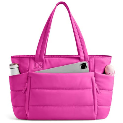 Uselike Tote Bag for Women with Zipper, Quilted Puffer Tote Bag with Compartments, Lightweight Puffy Work Bags for Women - color: Raspberry Pink