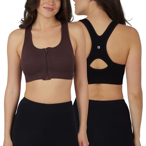 90 Degree By Reflex Women's 2 Pack Zip Front Bra Seamless Textured Racerback Performance Supportive Sports Bra - color: Cocoa/Black, size: Small