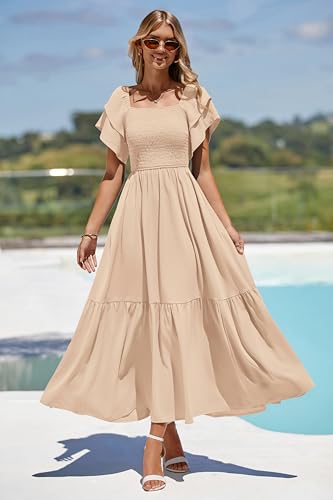 MASCOMODA Womens Summer Casual Smocked Flowy Midi Dress - color: Apricot, size: X-Large