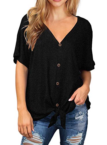 IWOLLENCE Women's Waffle Knit Tunic Blouse Tie Knot Short Sleeve Henley Tops Loose Fitting Bat Wing Shirts - color: C-black, size: X-Large