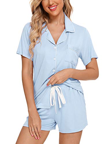 Senert Womens Pajamas Set Short Sleeve Sleepwear - color: A. Blue, size: Medium