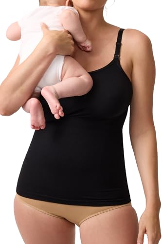 Ingrid & Isabel Nursing & Shaping Cami – Seamless Maternity Tank Top with Adjustable Straps & Easy Breastfeeding Access - color: Black, size: Small