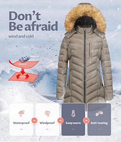CREATMO US Women's Winter Hooded Coat Waterproof Warm Long Puffer Jacket Parka - color: Brown, size: Medium