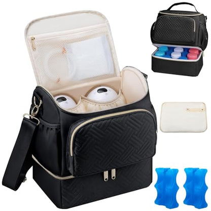 Wearable Breast Pump Bag with Cooler Compartment & Ice Pack & Mat - color: Black