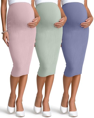 3 Pack Women's Ribbed Maternity Skirts - color: Pink, Bean Green, Haze Blue, size: Small