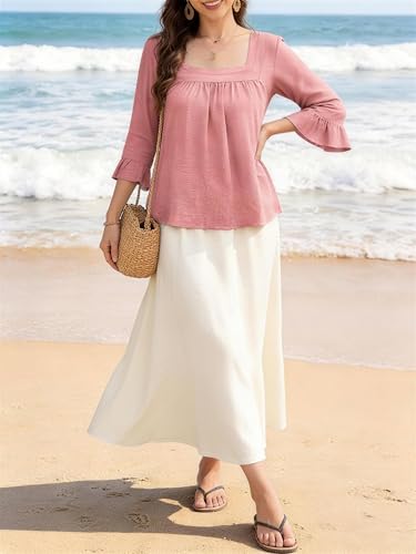 Bulotus Womens Plus Size Tops Square Neck Blouse Boho Top Chiffon 3/4 Sleeve Ruffle Shirt Cute Tunic 2026 Spring Summer - color: Light Pink, size: 3X-Large Plus