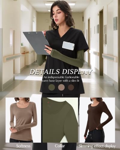 Neer 3 Pack Womens Underscrubs Long Sleeve Shirts for Nurse - color: Army Green, Khaki, Brown, size: Medium