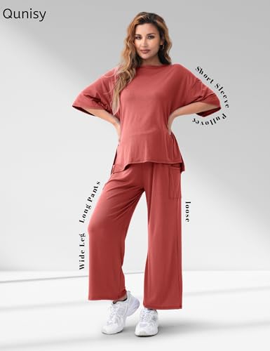 Maternity Lounge Set, 2 Piece Matching Set with Wide Leg Pants - color: Brick Red, size: Small