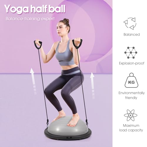 Half Balance Ball Trainer, 26 inch Stability Ball with Resistance Bands, Exercise Ball with Foot Pump, Gray