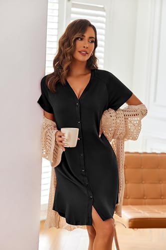 Ekouaer 3 Pack Nightgowns for Women Button Down Night Gowns with Pockets - color: Black/Dark Grey/Grey Striped, size: 3X-Large