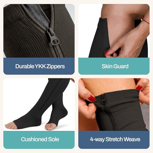 Open Toe Zipper 20-30mmHg Graduated Compression Socks for Men Women Stocking - color: Black, size: Small-Medium