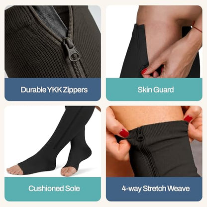 Open Toe Zipper 20-30mmHg Graduated Compression Socks for Men Women Stocking - color: Black, size: XX-Large