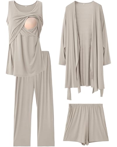 Rnxrbb 4PCS Year-Round Nursing Pajamas Robe Set Postpartum Breastfeeding Pj - color: Beige, size: Medium