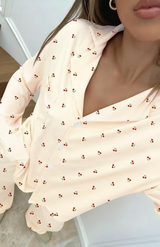 Dressmine Ladies Long Sleeve Cute Pajama Sets 2 Piece Fall Outfits - color: Apricot Cherry, size: Medium
