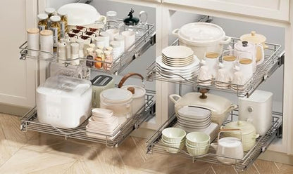 DINDON 2 Tier Pull Out Cabinet Organizer (20" W X 21" D), Double Tier Wire Basket Slide Out Shelf Storage for Kitchen Base Cabinet Organization for Kitchen, Pantry, Bathroom, Chrome - size: 20" W X 21" D