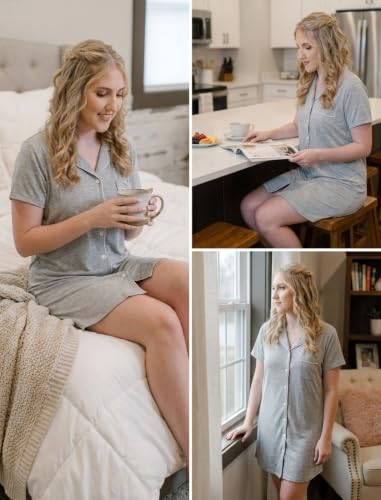 Pjmlifecoco Women's Button Down Nightgown Short Sleeve Sleep Shirt - color: Gray, size: X-Large