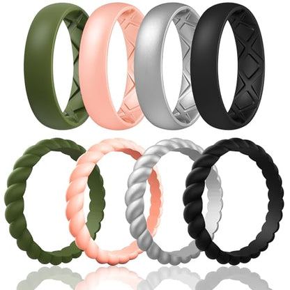 Egnaro Women's Stackable Silicone Rings, 2.5/5.5mm Wide 1.8/2mm Thick Bands - color: SETE2-Olive Green, Light Rose Gold, Metallic Silver, Black