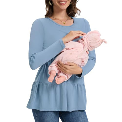 Bearsland Long Sleeve Nursing Top - color: Gray Green & Glacier Blue & Pink Rose, size: Medium