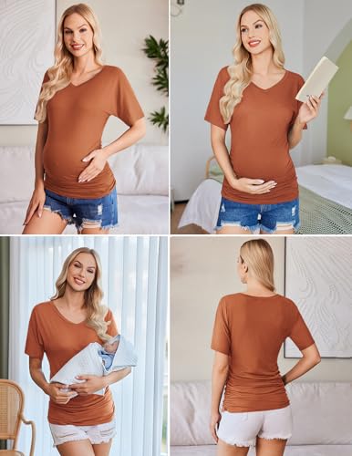 Ekouaer 3 Pack Maternity Shirts V Neck Pregnancy Tops Tunic Blouse Summer - color: A Grey/Burgundy/Brick Red, size: Medium
