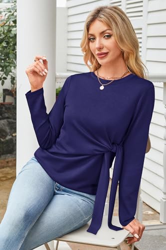 OUGES Women's Bow Tie Waist Maternity Shirts Long Sleeve Pregnancy Tops Crew Neck Fall Winter Elegant Business Blouse - color: Navy, size: Small