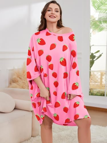 CRIPOM Plus Size Moo Moos for Women Oversized Sleep Shirts with Pockets - color: Pink Strawberry