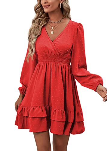 Rooscier Women's Wrap V Neck Swing Ruffle Swiss Dots Long Sleeve Mini Dress - color: True Red, size: Small