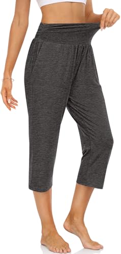 UEU Women's Yoga Capri Pants Loose Soft Drawstring Workout Sweatpants - color: Capris, Grey Heather, size: Small
