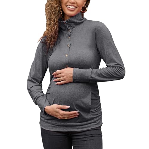 Bhome Maternity Shirt Casual Long Sleeve Half Button Front Lightweight Sweatshirts Slim Fit Pullover Tops with Pockets - color: Charcoal Gray, size: Large