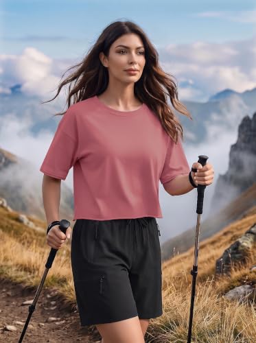 Women's Summer Short Sleeve Crop Tops Cotton Athletic Yoga Running T-Shirts - color: Brick Red, size: Medium